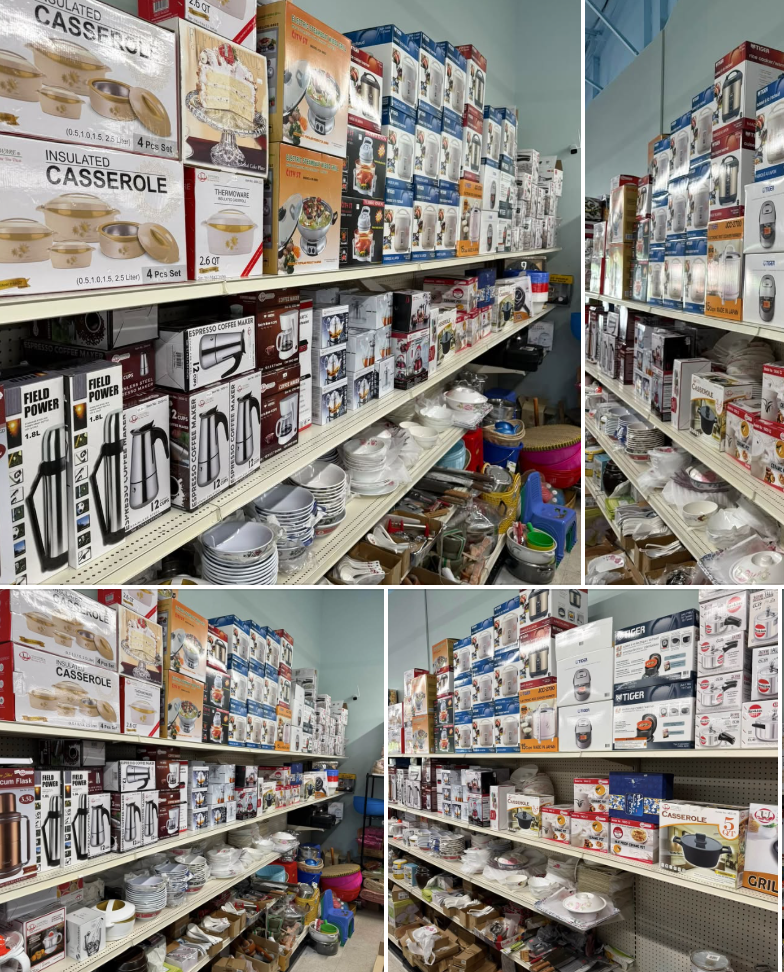 Shelves of rice cookers, insulated casseroles, coffee makers and bowls